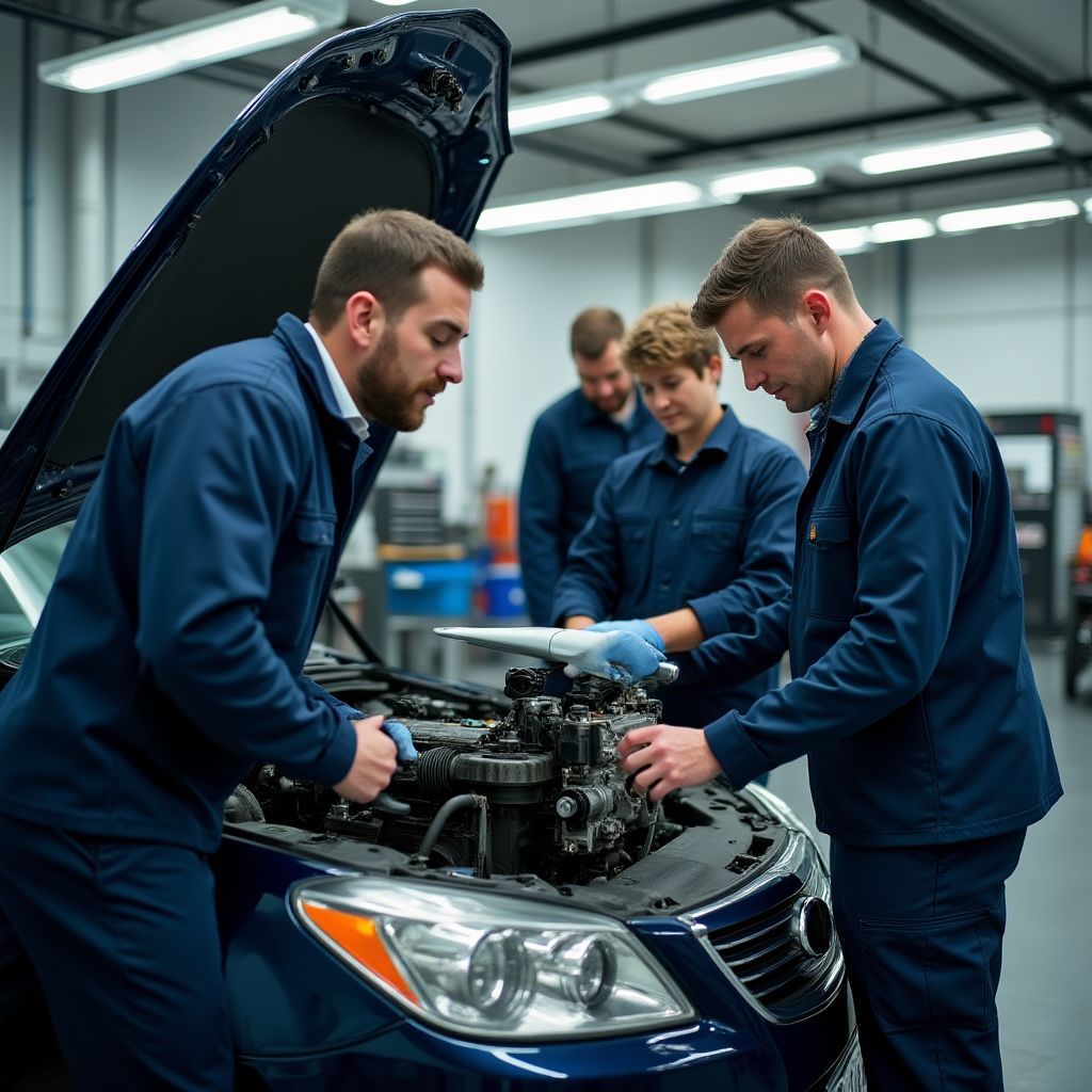 Equipo de mecánicos profesionales trabajando en un coche