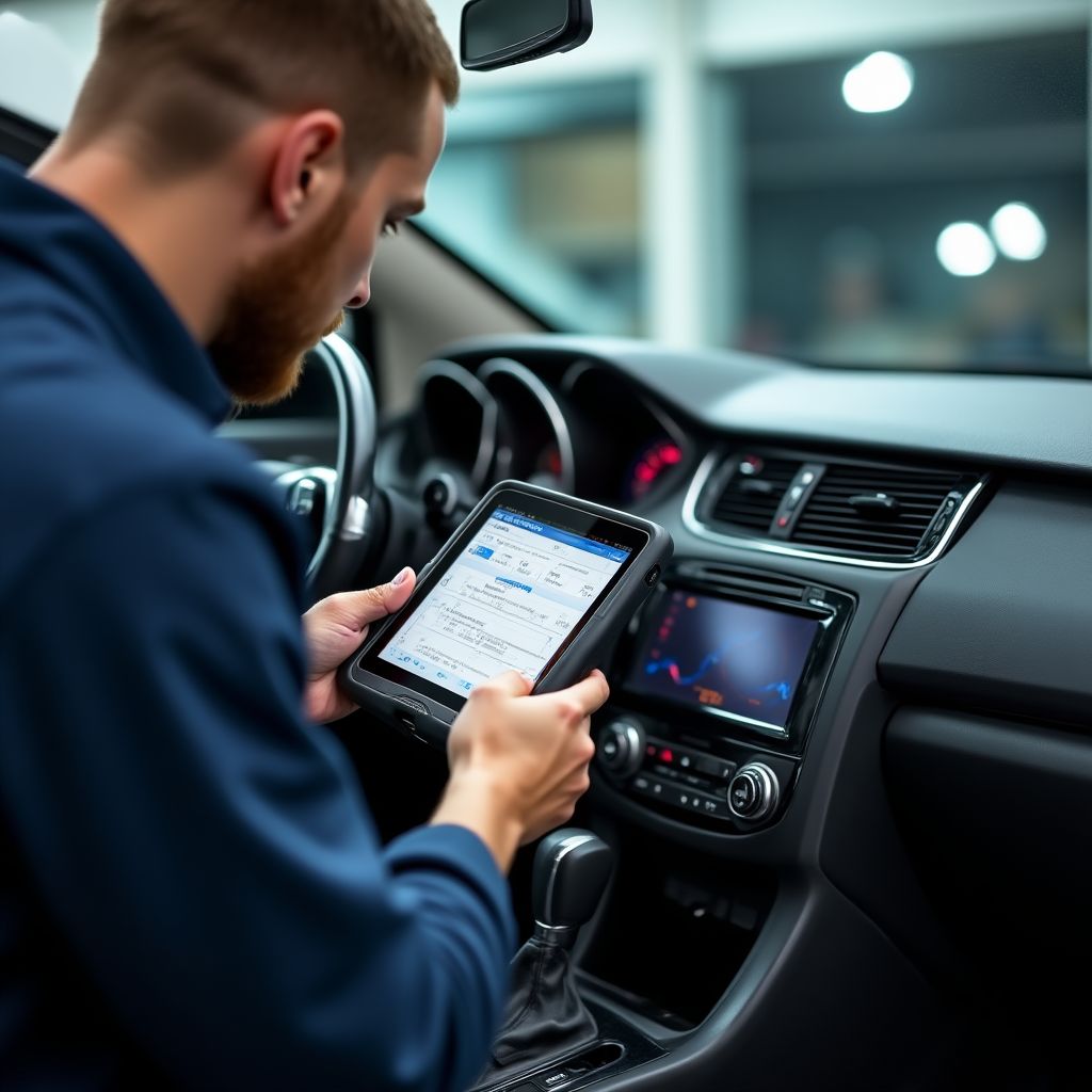 Técnico usando una tableta de diagnóstico en un coche