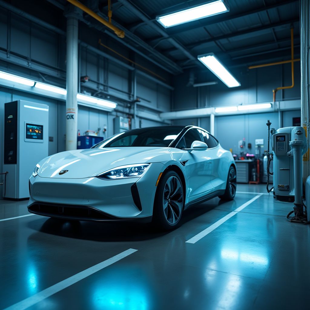 Un vehículo eléctrico siendo cargado y diagnosticado en un taller moderno